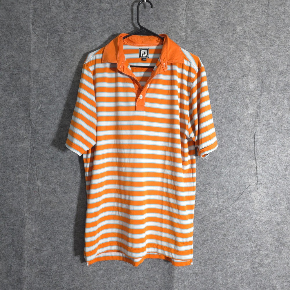 FJ Footjoy Athletic Fit Golf Polo Shirt Mens Medium Orange Striped Performances
